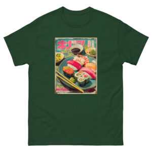 unisex-classic-tee-forest-green-front-68fe989a07d73.jpg Omakase Feast Tee | Vintage Japanese Sushi Poster