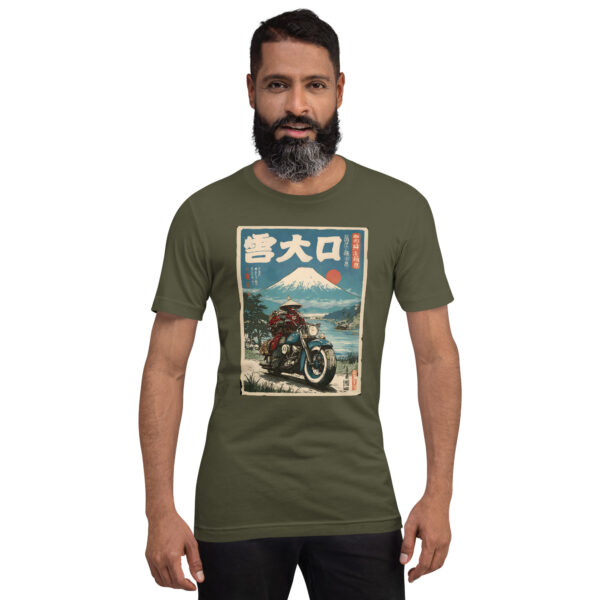 unisex-staple-t-shirt-military-green-front-6914d1f214bc1.jpg Samurai Biker Fuji Tee
