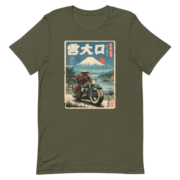 unisex-staple-t-shirt-military-green-front-6914d1f2befc7.jpg Samurai Biker Fuji Tee